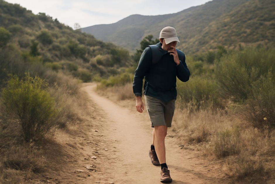 A hiker walking along a trail counting paces