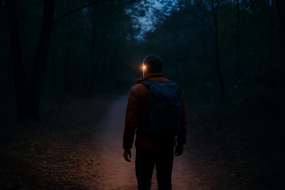 A lone hiker on a wooded trail at dusk holding a dim headlamp