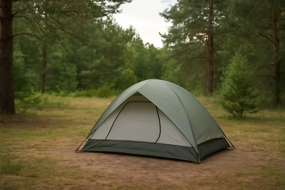 Small tent pitched on flat ground in a forest clearing